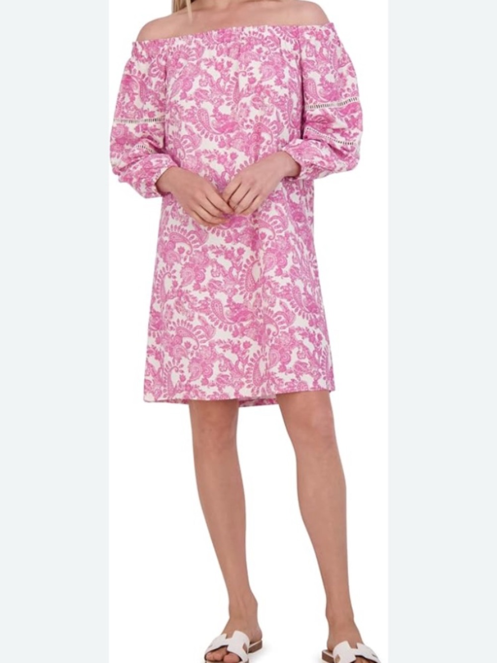 White Dress with Pink Paisley Print and Ladder Trim